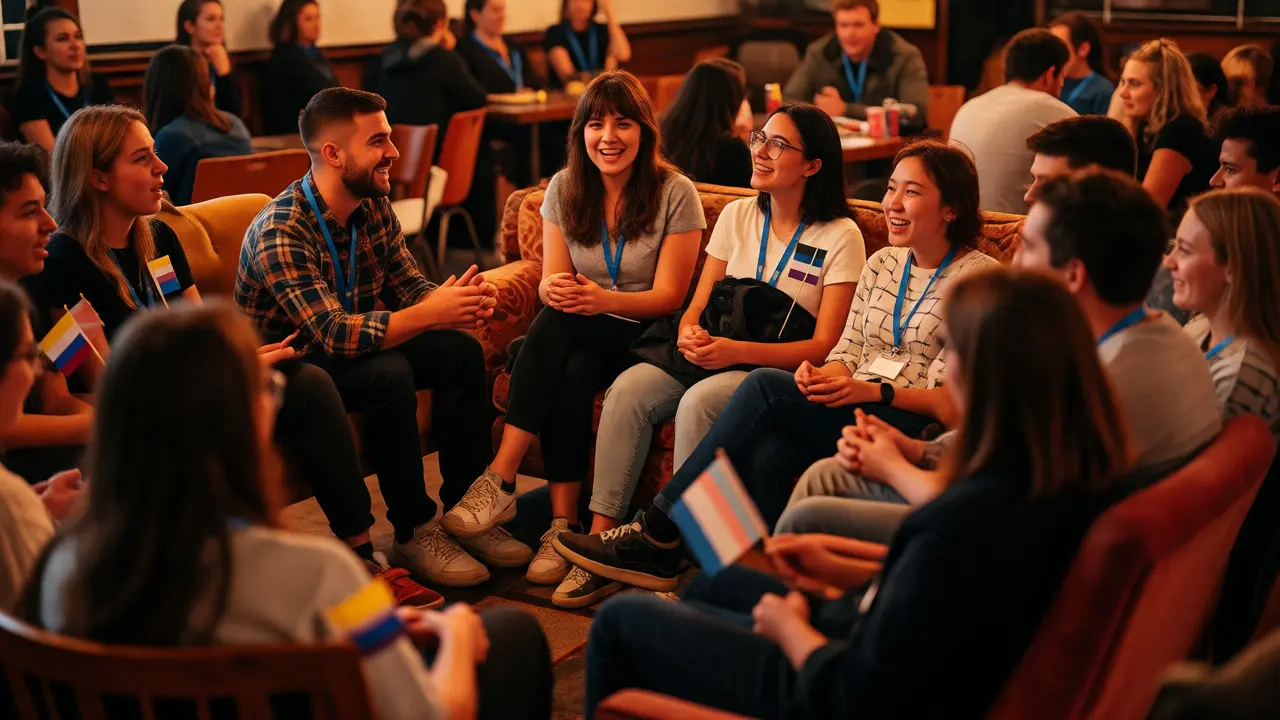 Diverse group of students laughing together in a cozy LGBTQ+ society meetup