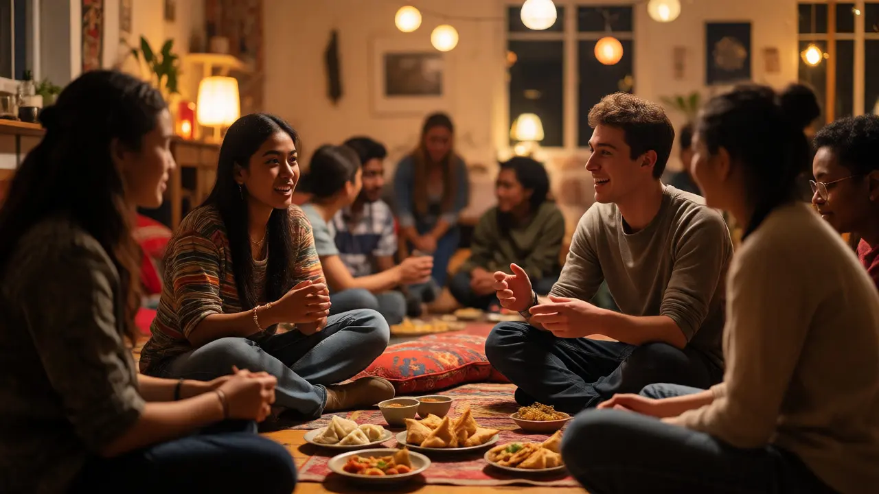 Diverse students sharing food and conversation at a cozy cultural society meeting.