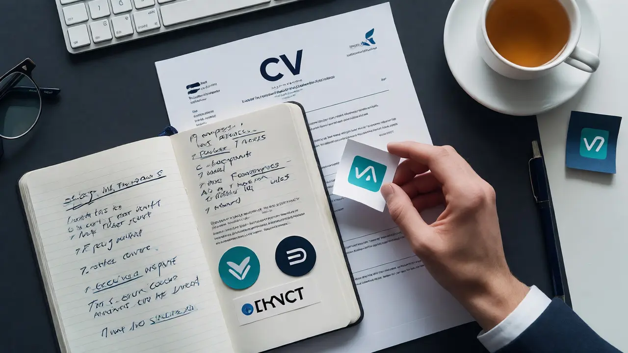 Flat lay of CV, notes, and tea on a tidy desk