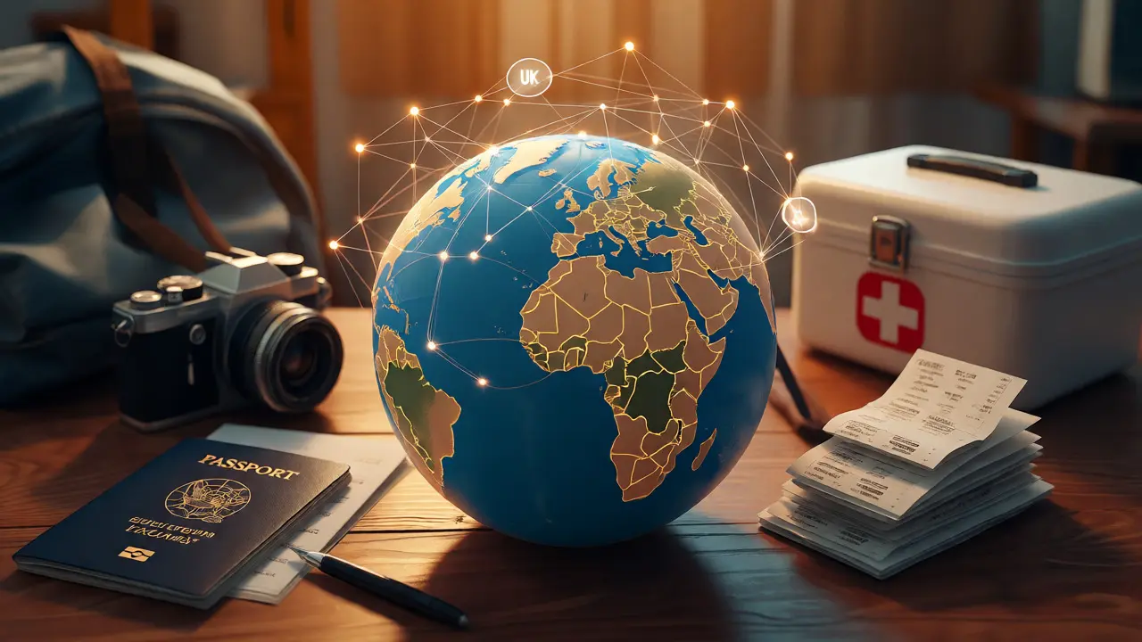 Globe surrounded by travel documents and first aid kit on a desk