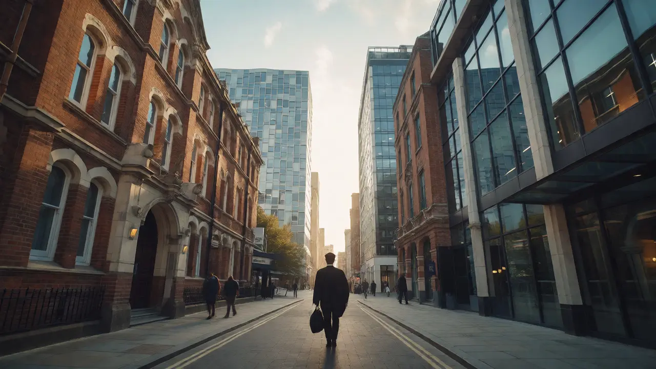 Graduate walking through UK city streets