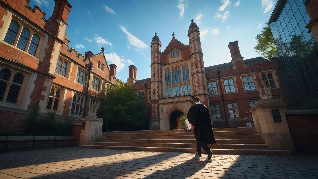 Graduate walking up the steps of a historic UK university building.