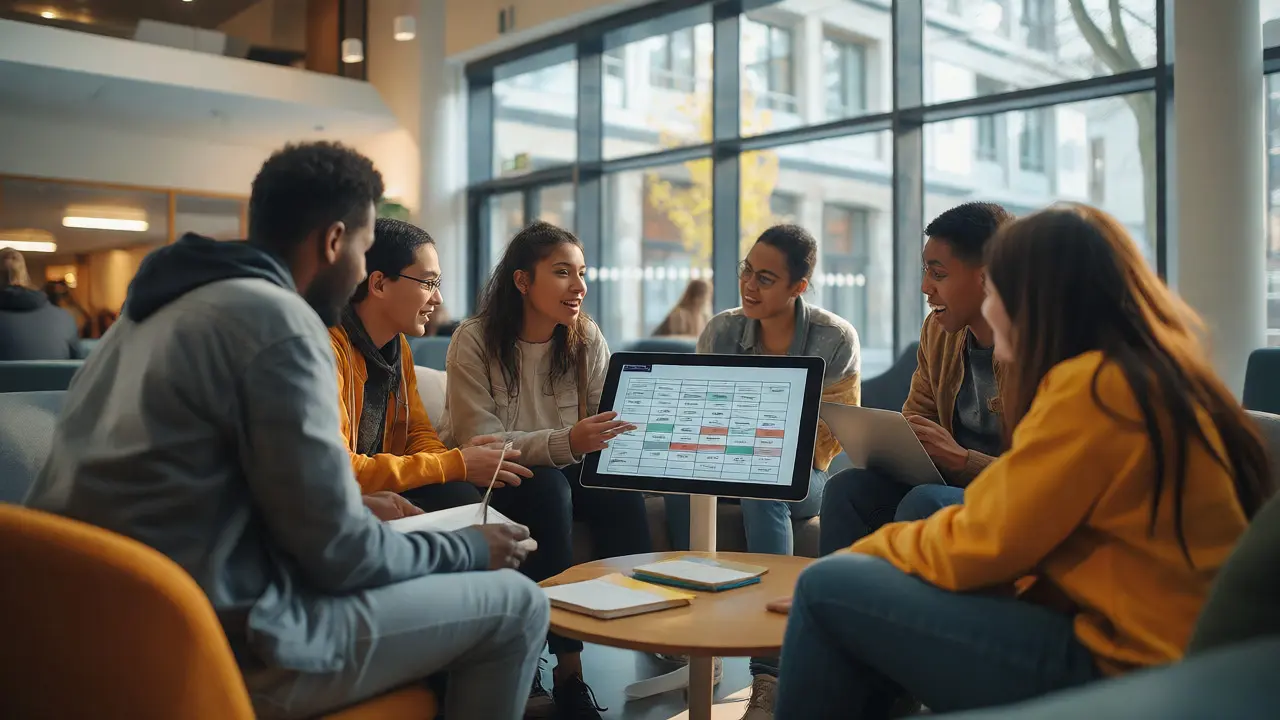 Group of students reviewing a course comparison matrix on a tablet