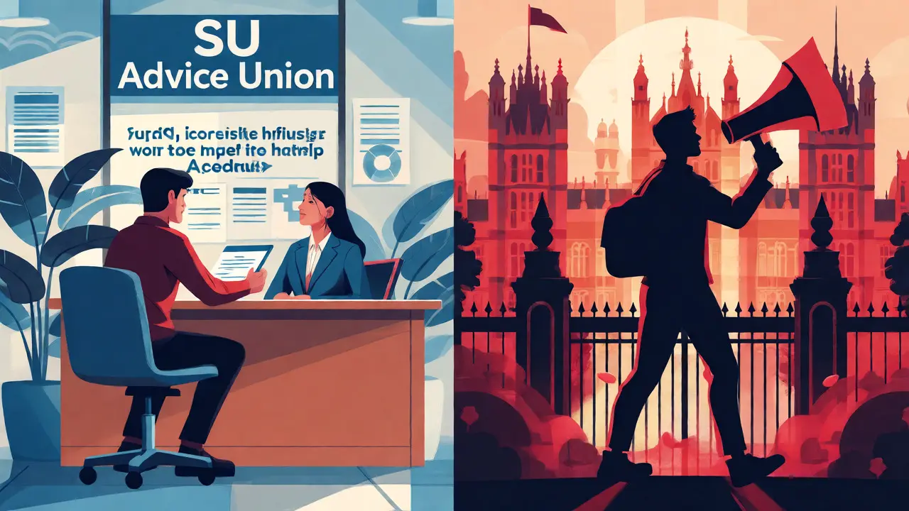 Illustration contrasting SU advice services with student advocacy and voting rights.