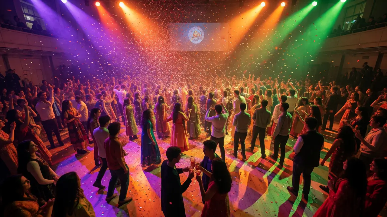 Joyful students celebrating a large cultural festival at a UK university event.