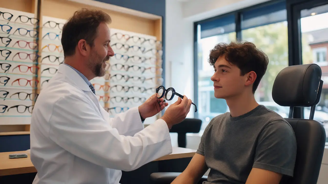 Optometrist examining a young student's vision in a bright UK clinic