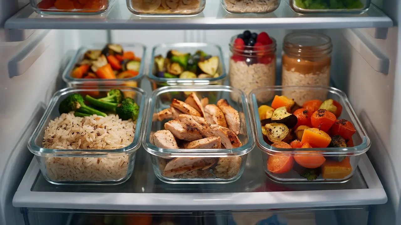 Organized meal prep containers in a small student fridge