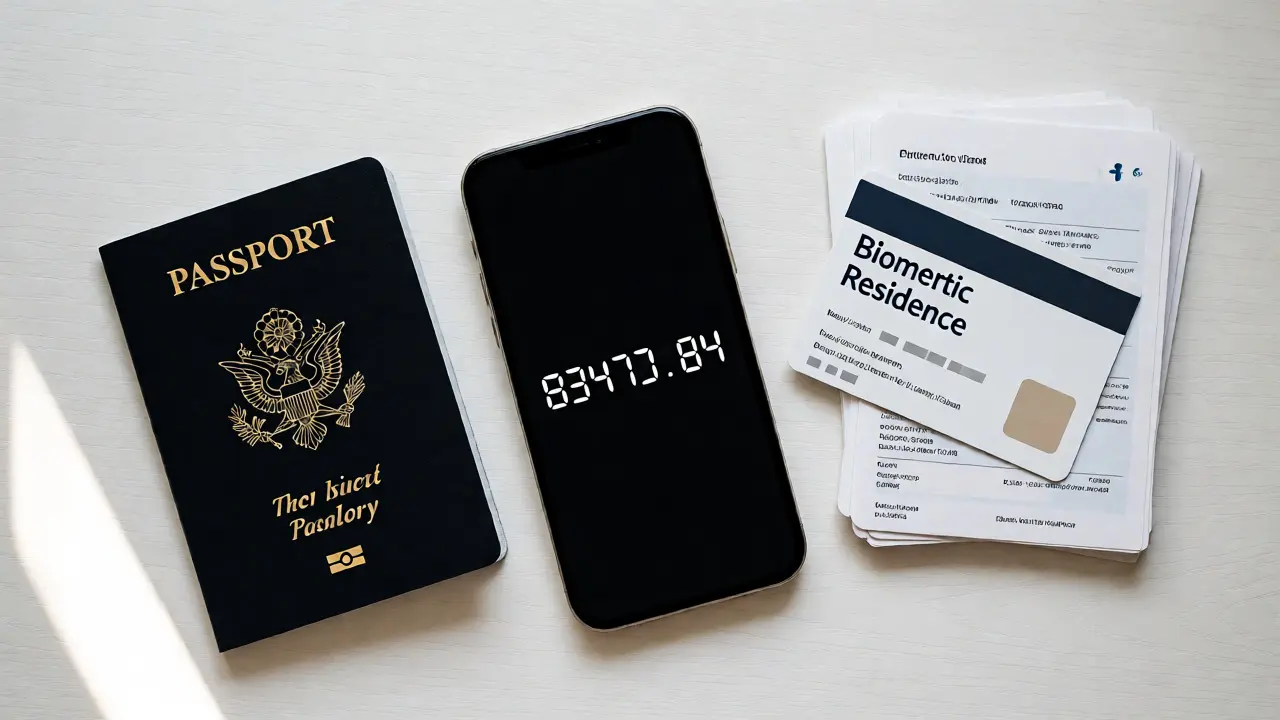 Passport, smartphone with share code, and BRP card on a desk
