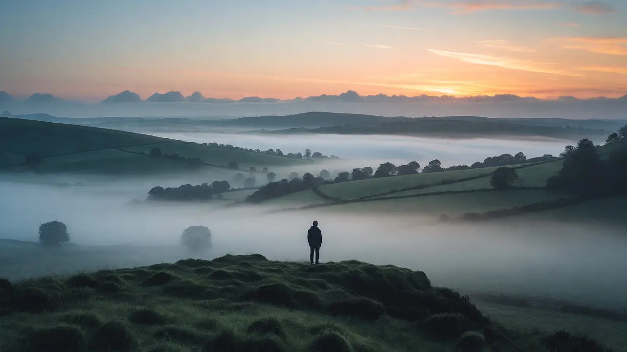Person overlooking misty British hills at dawn