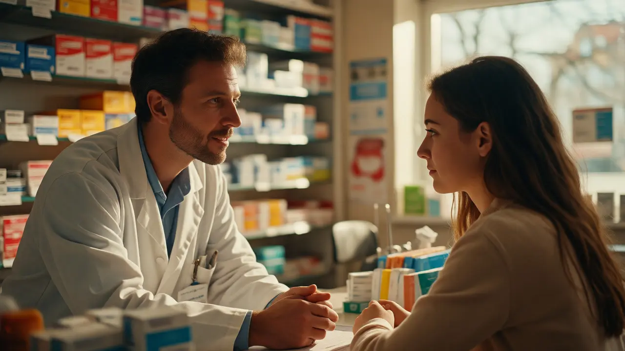 Pharmacist consulting with a patient in a bright, welcoming community pharmacy