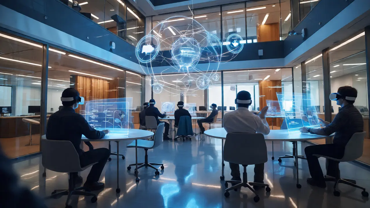 Researchers in VR headsets using holograms to connect with global labs in a modern facility