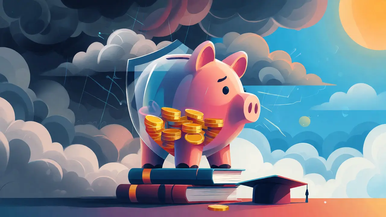 Shield-shaped piggy bank protecting coins from storm