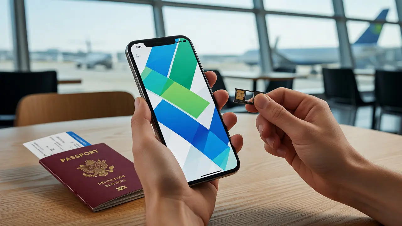 Smartphone with eSIM interface and SIM tool near passport