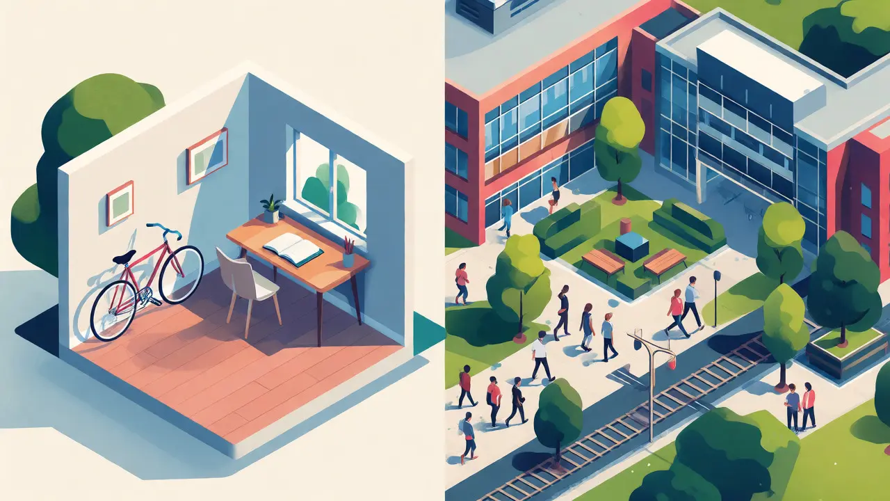 Split view of home study space and university campus