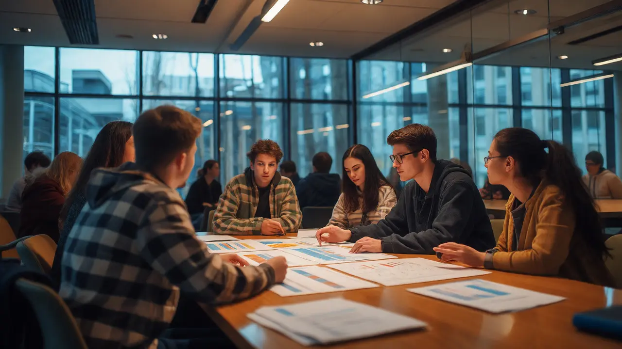 Student activists reviewing data in a modern Students' Union meeting room