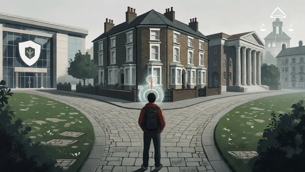 Student at a crossroads choosing between housing complaint paths