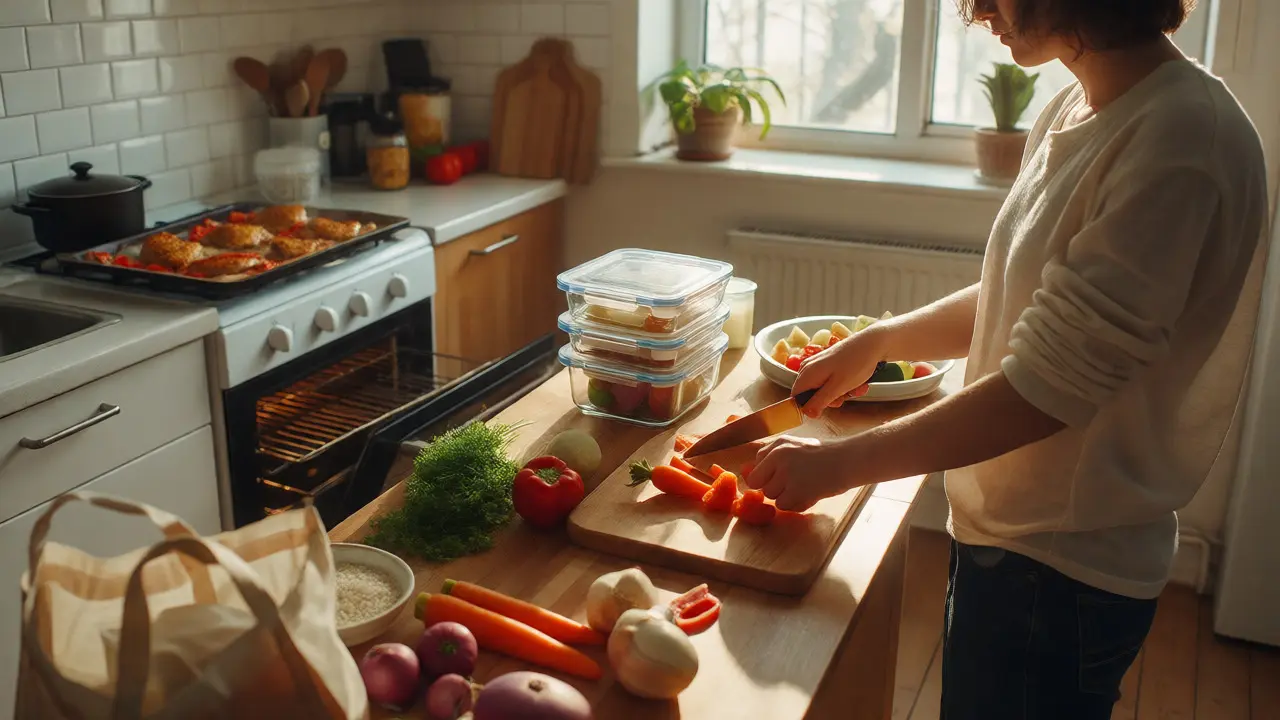 Student preparing Sunday meal prep in a bright kitchen