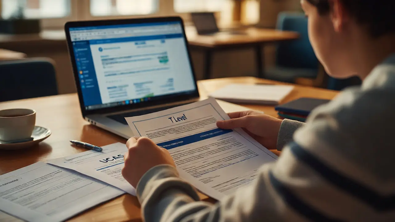 Student reviewing application documents and certificates at a desk.