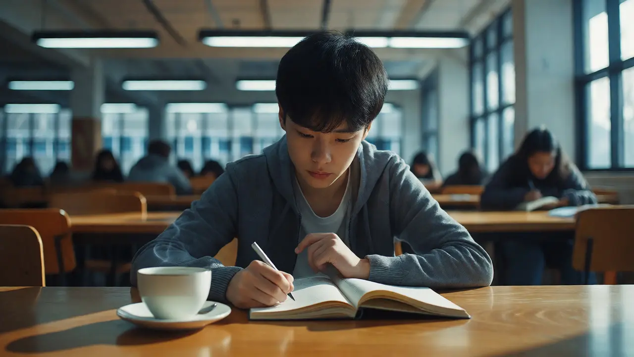 Student studying intently in a quiet university library with tea