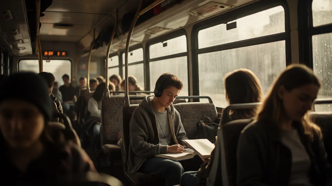 Student studying quietly on a crowded rail replacement bus during a UK commute