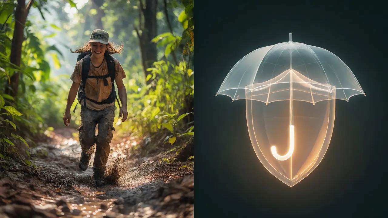 Student trekking in nature protected by a symbolic shield of insurance