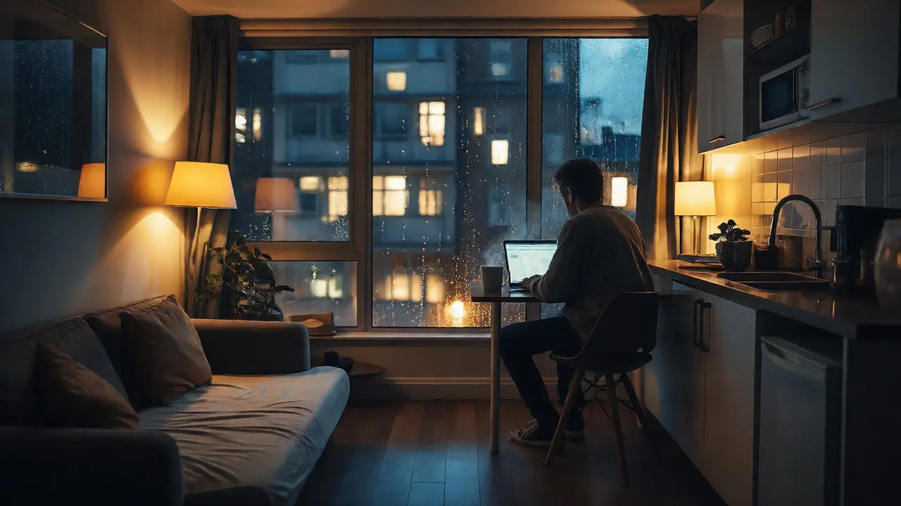 Student working alone in a compact London studio apartment at night