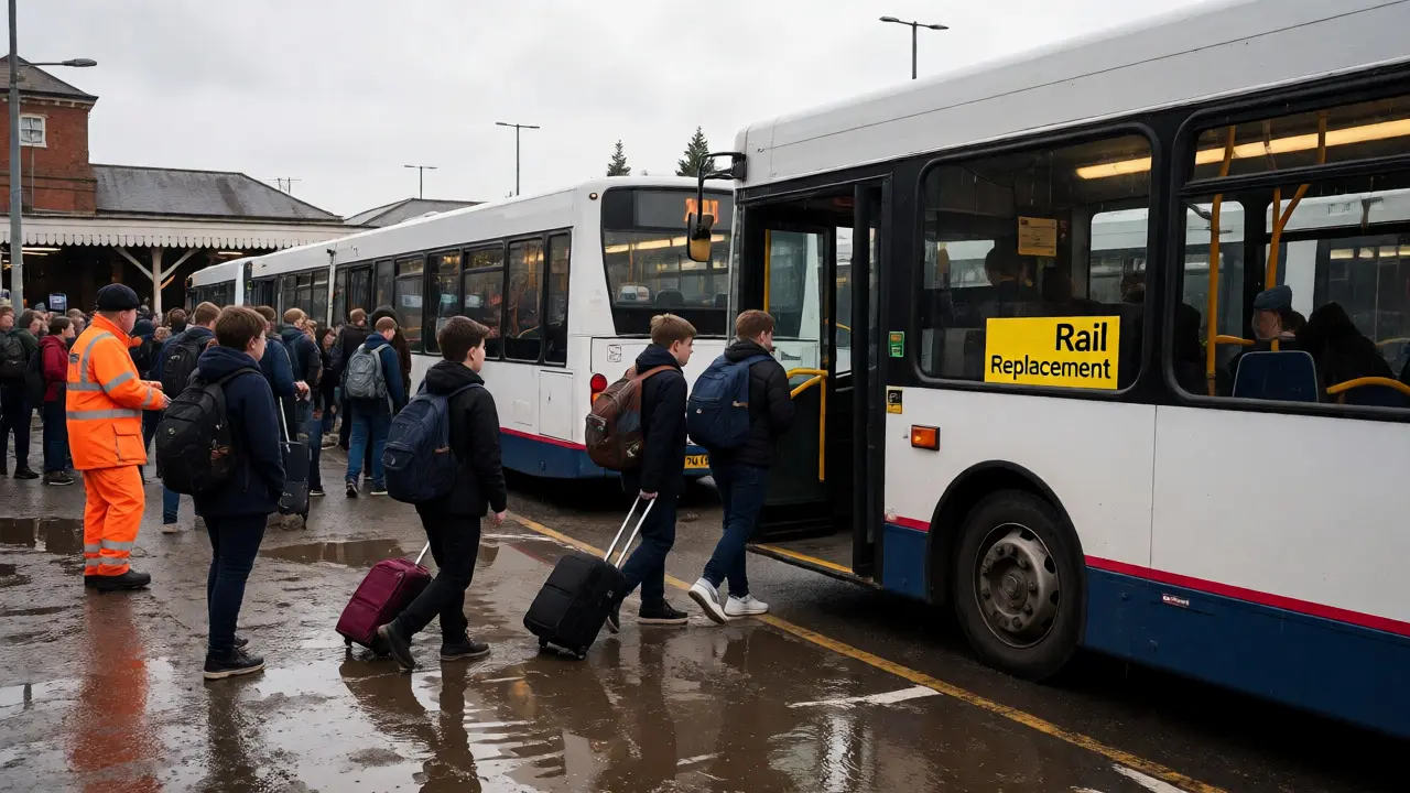 Students boarding official Rail Replacement Buses outside a UK station in wet weather