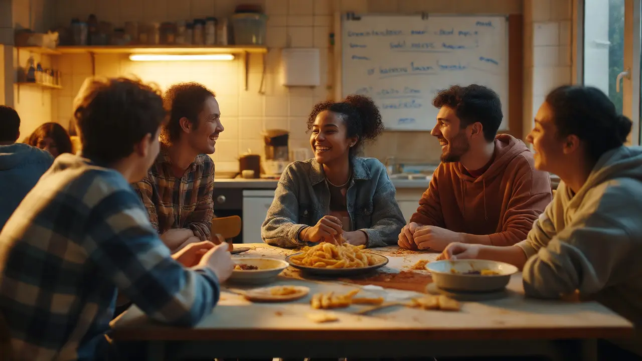 Students laughing together in a shared flat kitchen