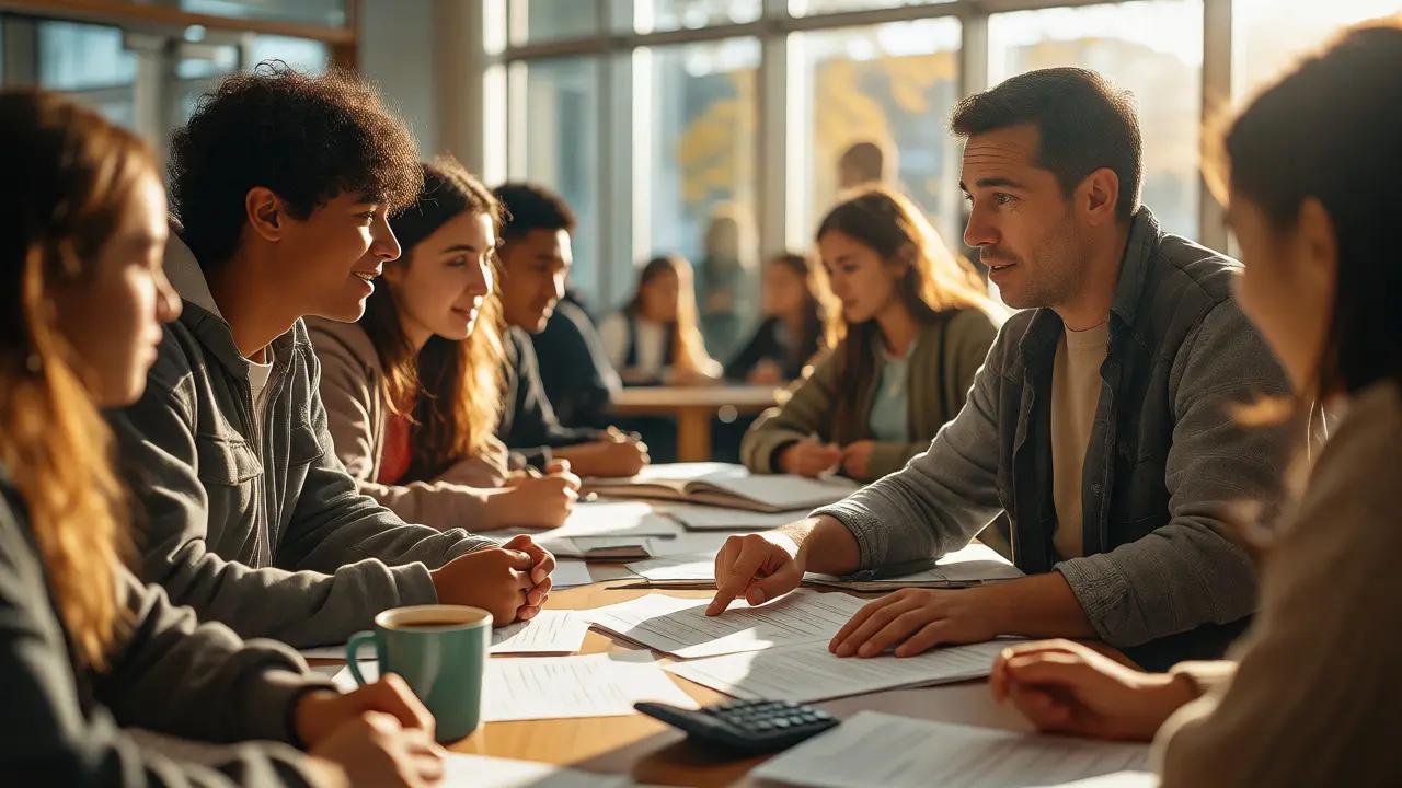 Students receiving financial advice at a bright Student Union office