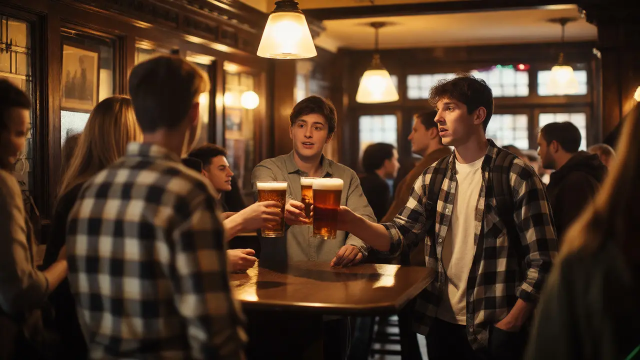 Students sharing pints in a traditional British pub during a round