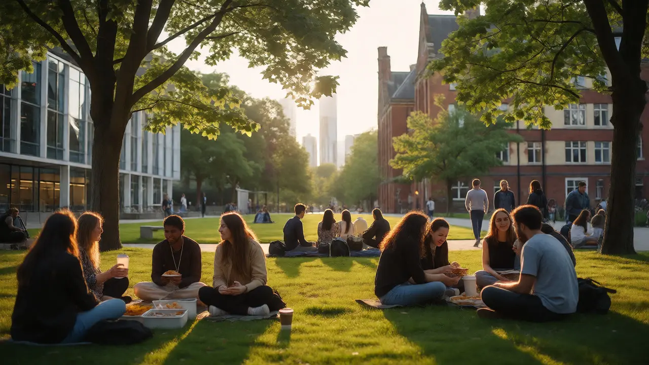 Students socializing outdoors on a sunny UK university campus green