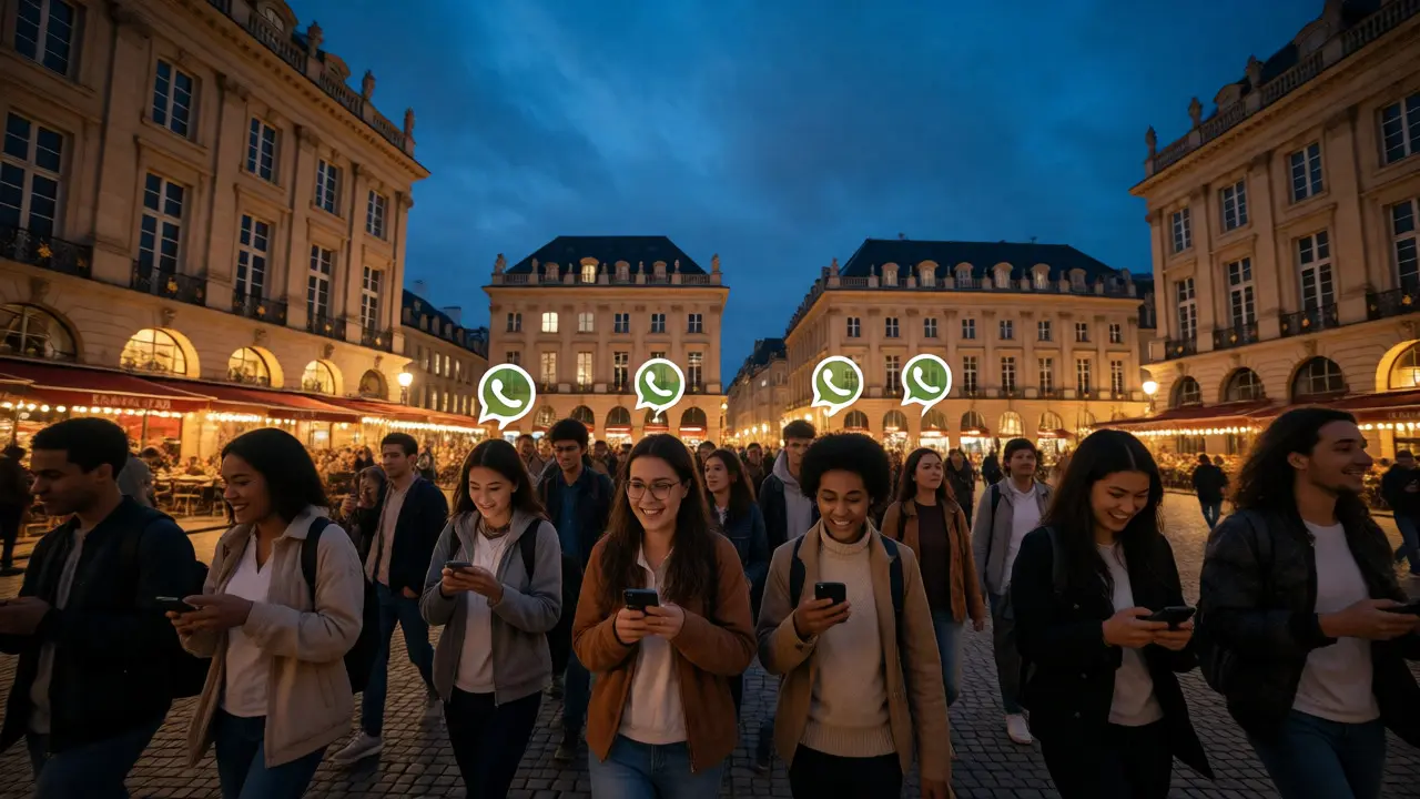 Students using phones happily in a European city square at dusk