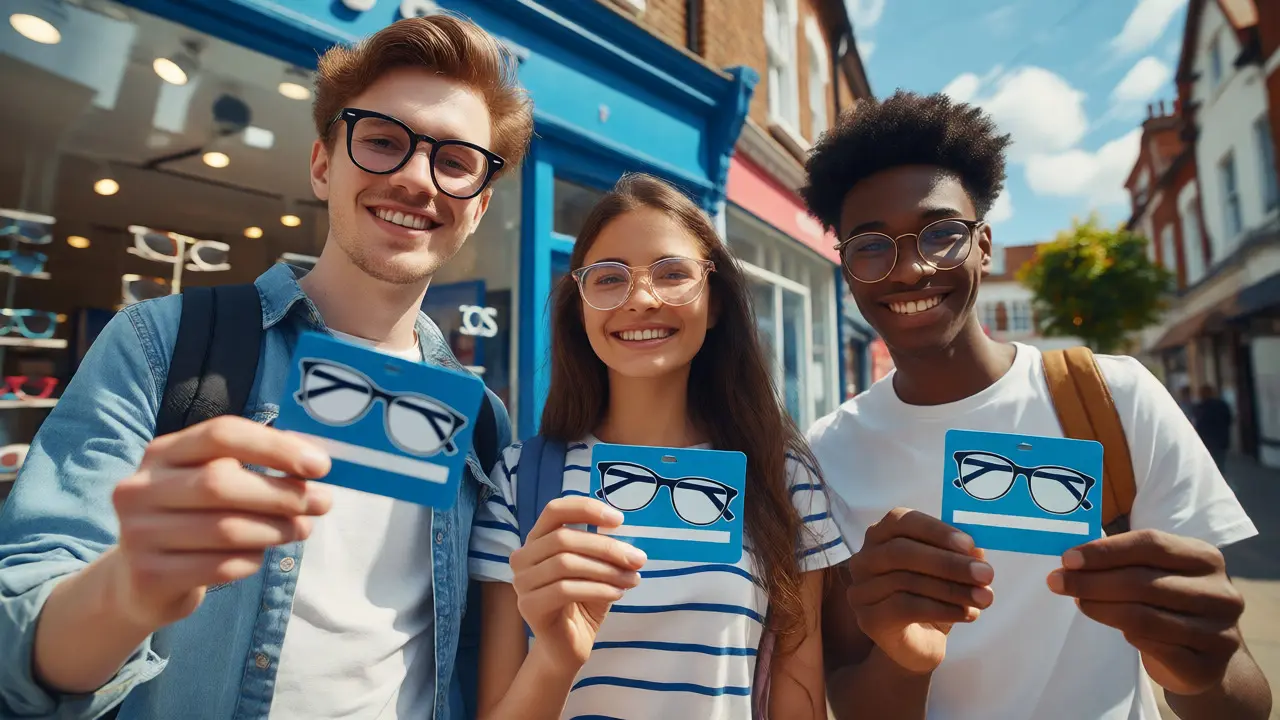 Three happy UK students showing off new glasses and IDs outside an optician