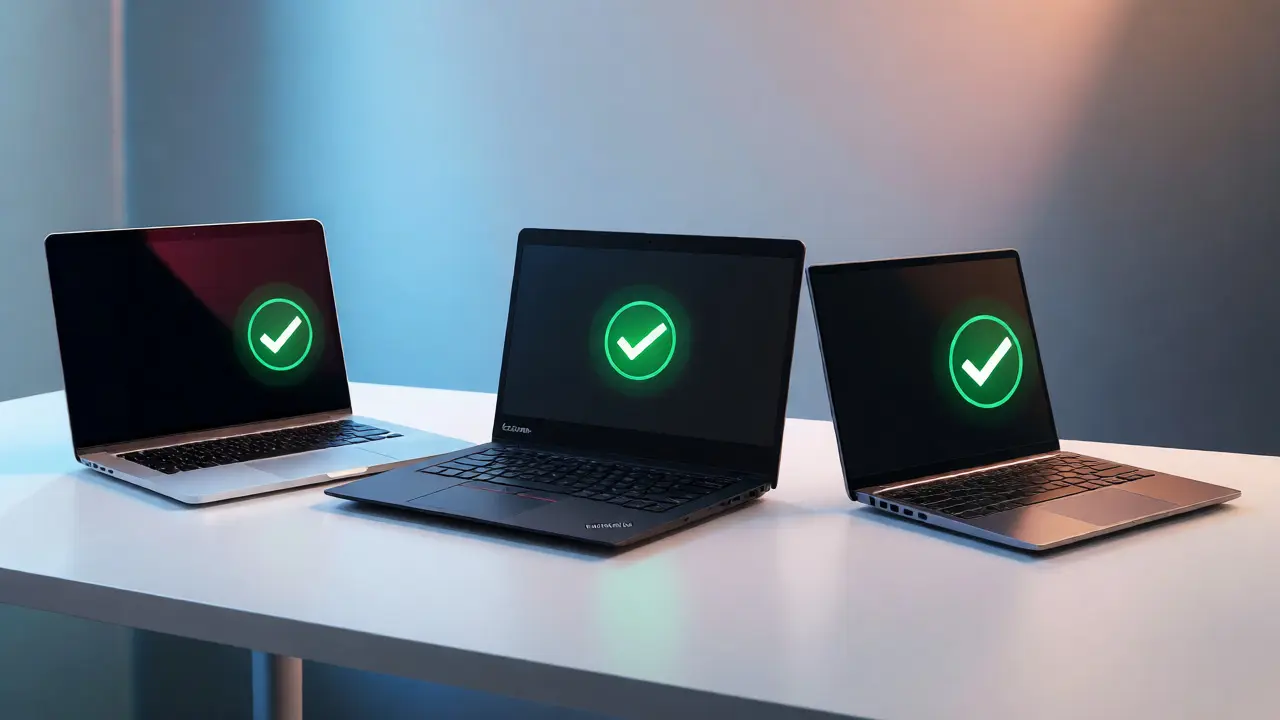 Three modern laptops displayed on a desk with glowing verification symbols indicating student deals.