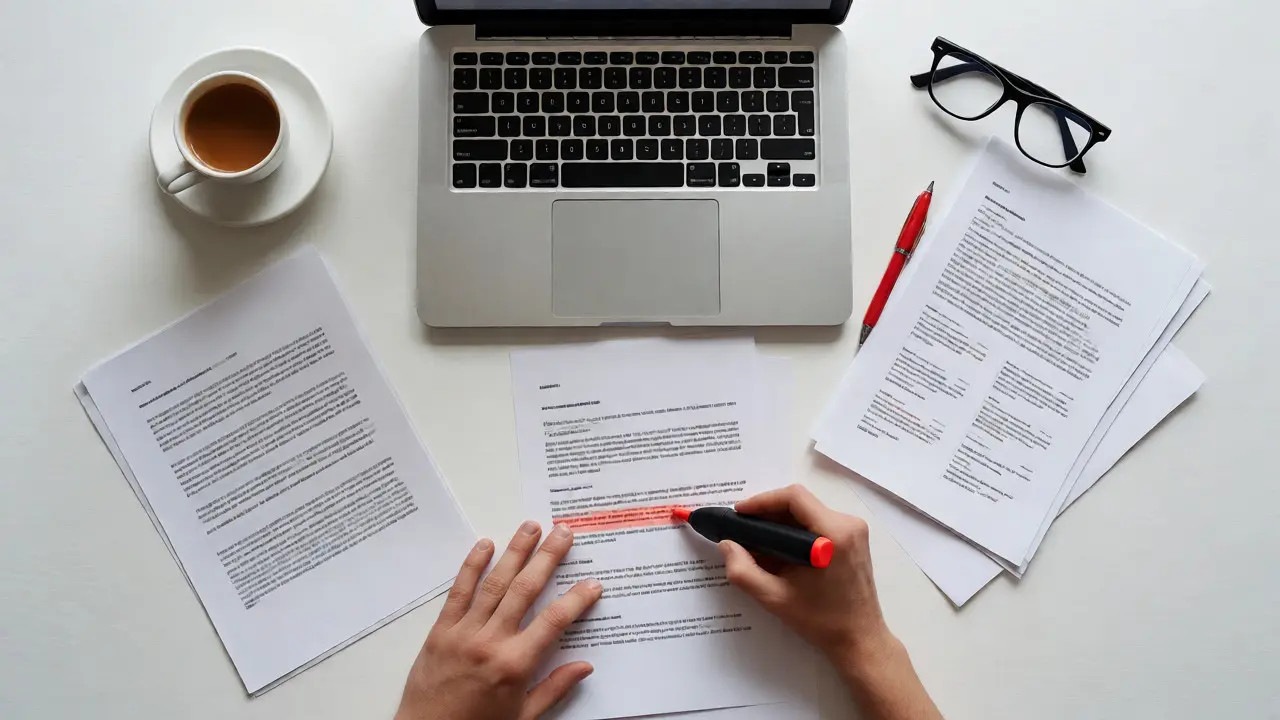 Top-down view of a desk with research papers, coffee, and a hand highlighting a transcript.