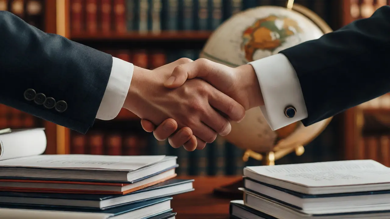 Two academics shaking hands over journals and a globe symbolizing international partnerships