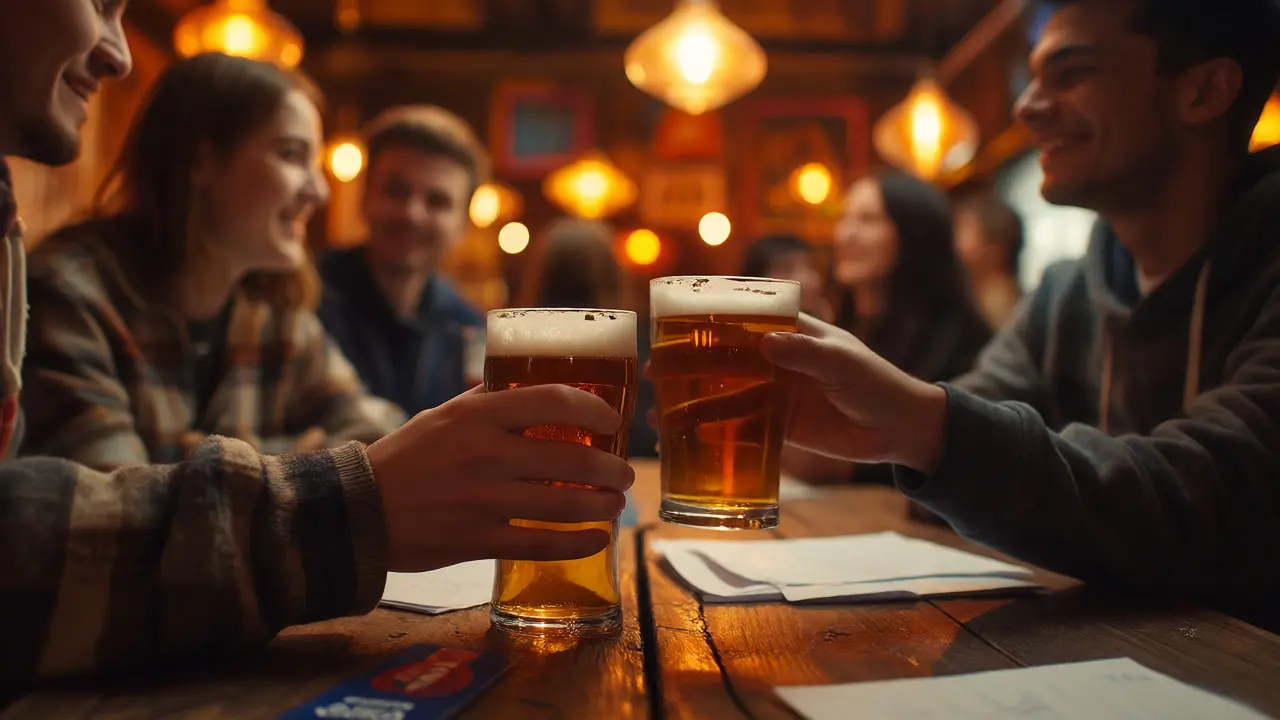 Two students sharing drinks and conversation in a cozy UK Student Union bar.