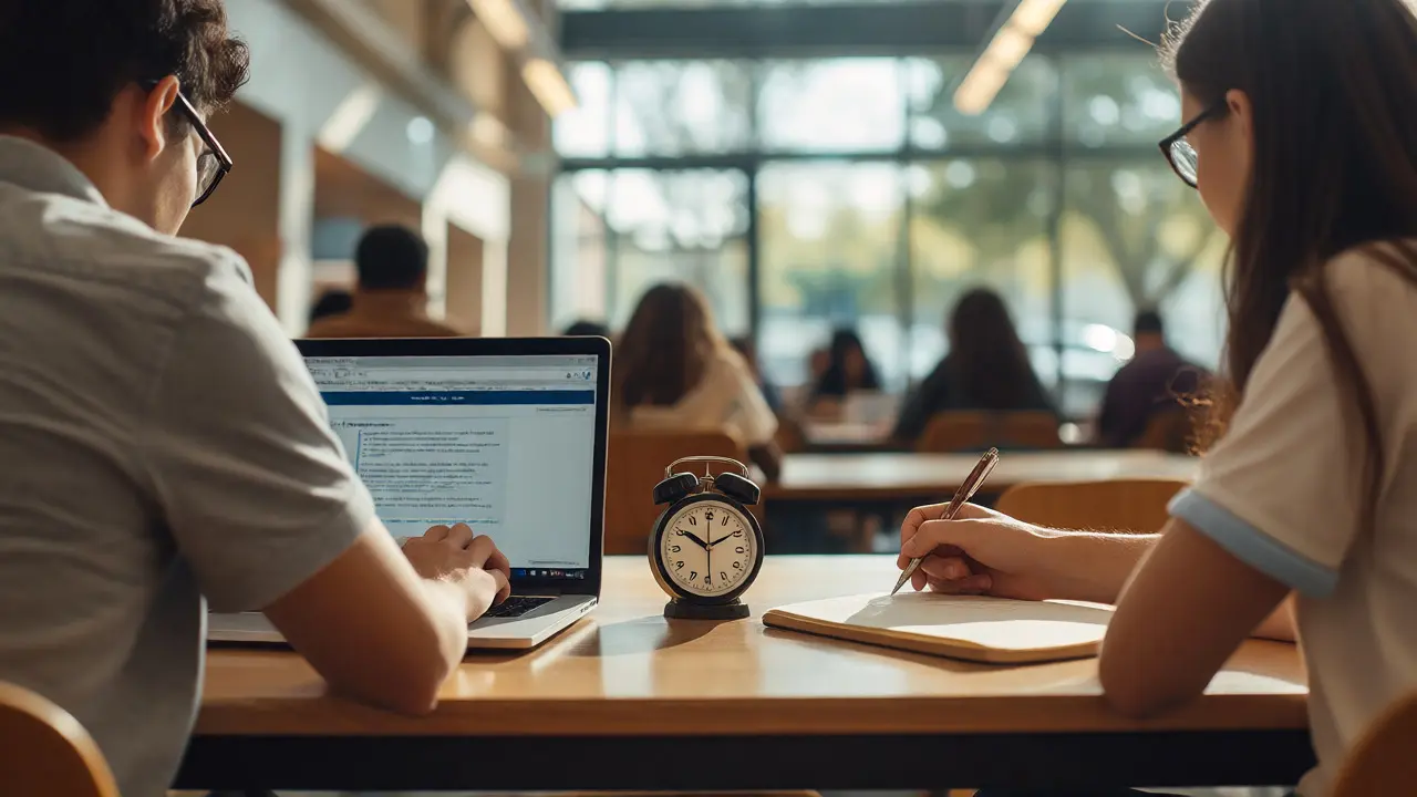 Two students working silently together in a library with a visible timer.