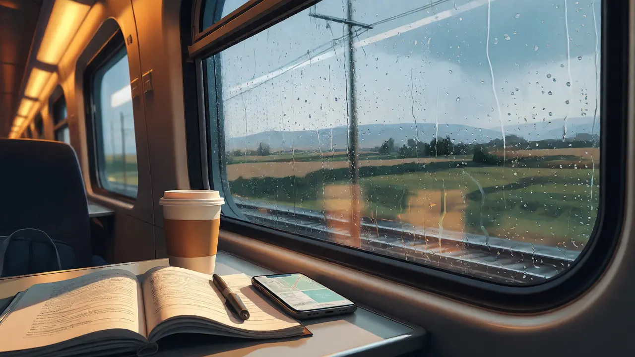 View from train window with study materials in foreground