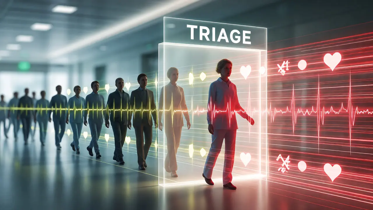Visual metaphor of NHS triage system prioritizing critical patients over stable ones
