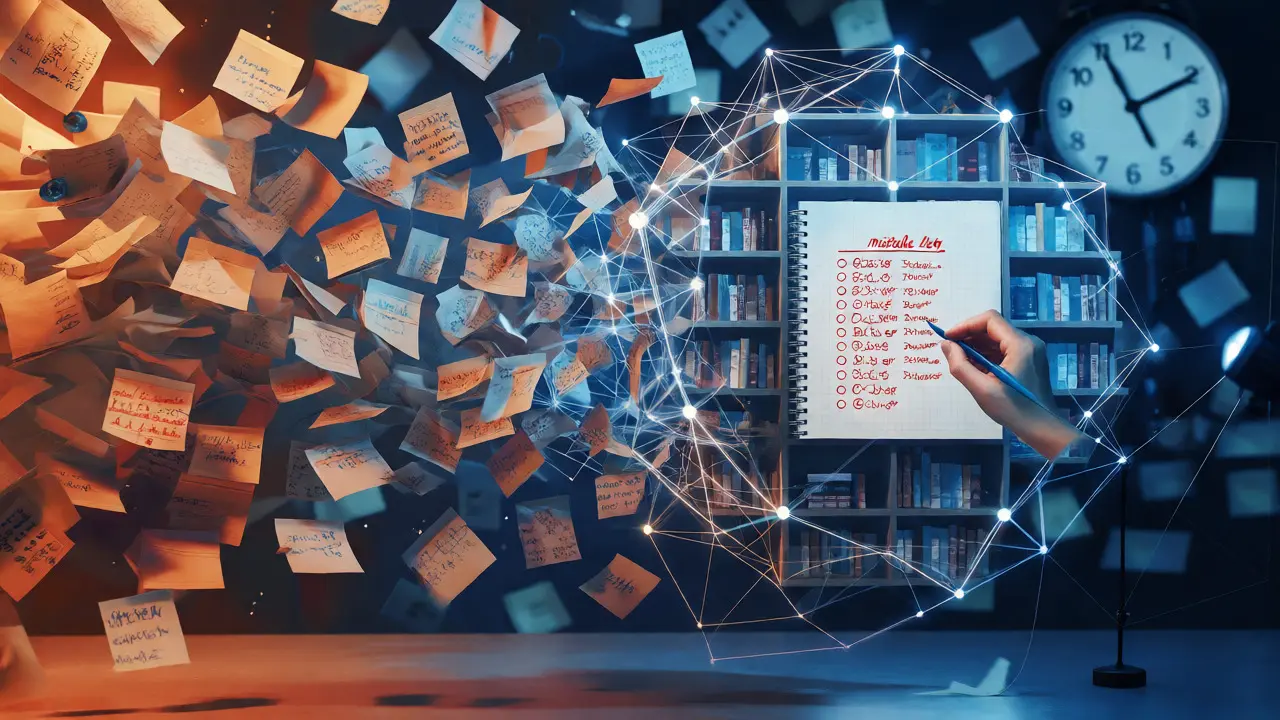 Visual metaphor of transforming chaotic notes into structured study tools